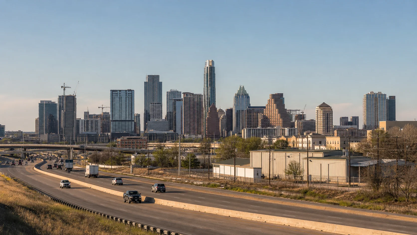 Austin skyline seen beyond highway infrastructure