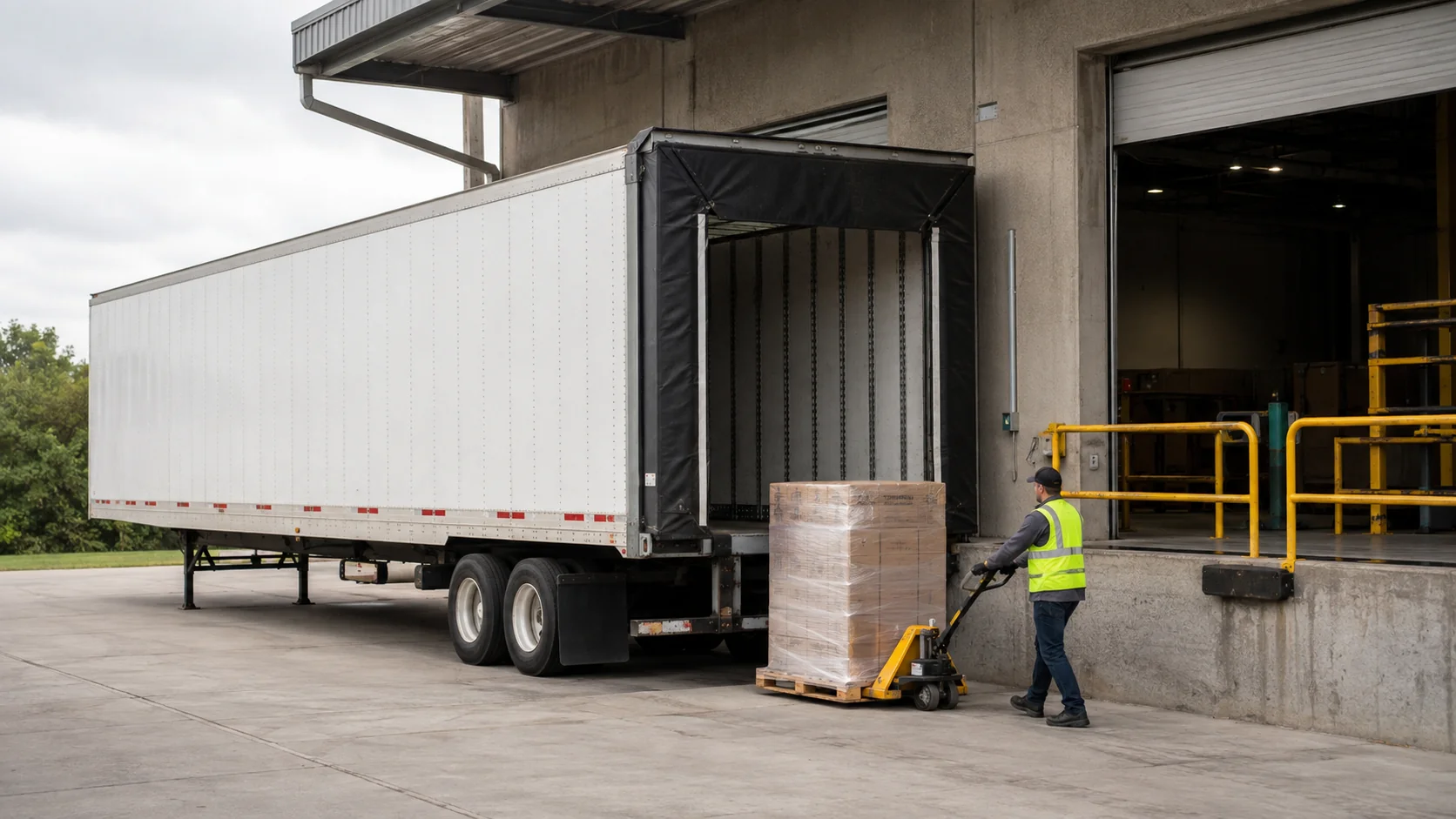 Warehouse worker moving a wrapped pallet near an unbranded trailer and dock