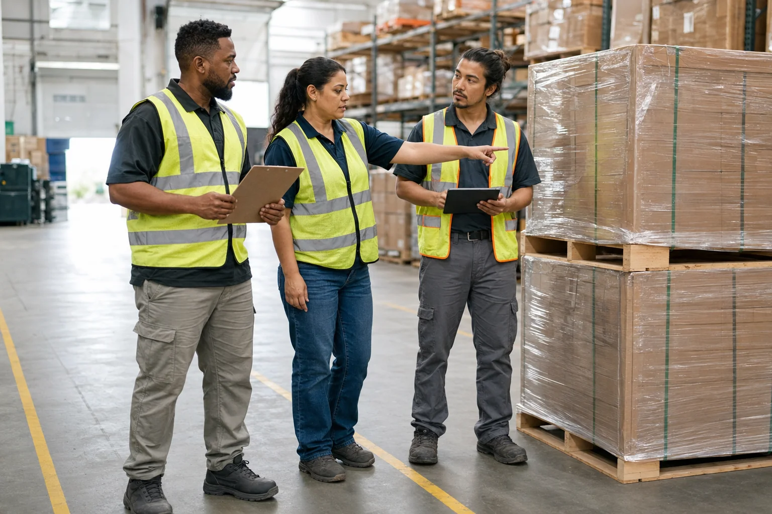 Three warehouse professionals reviewing a pallet handoff