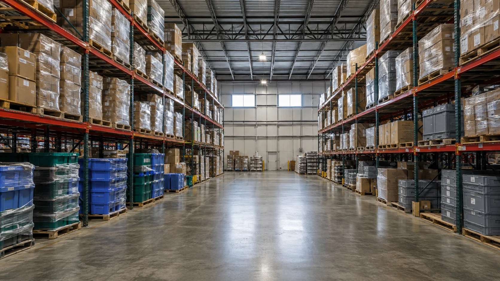 Clear central aisle inside a modern warehouse with pallet racks